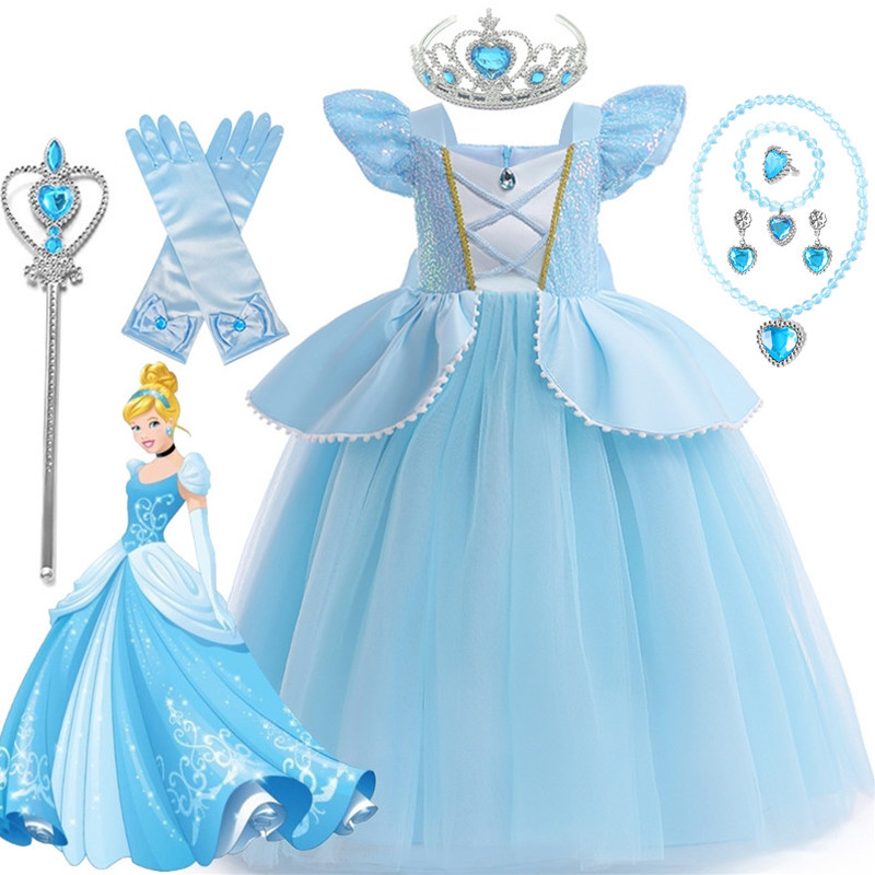 3-10 Years Old Little Girl Cinderella Princess Dress Children's Role-playing Costume Halloween Carnival Birthday Party Blue Dress Girls Costume Set