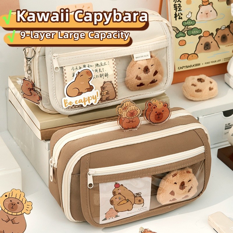 Student Pencil Bag Cute Catonn Kawaii Capybara Stationery Storage 9-layer Large Capacity School Stationery Organizer Supply