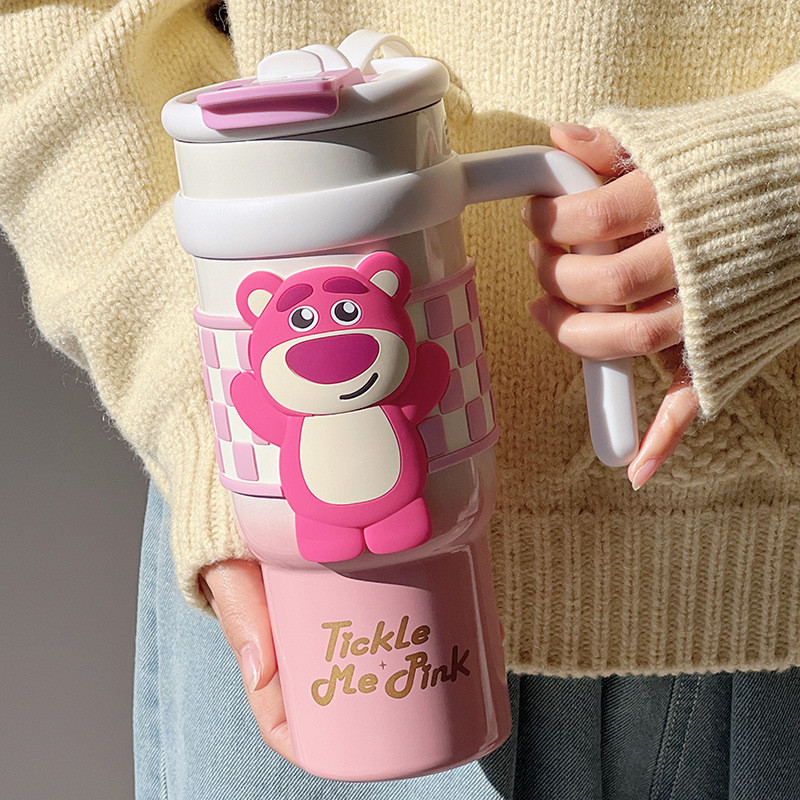 【READY STOCK】big mac Tumble｜Strawberry Bear/Sanrio Kuromi Starlight Thermos bottle 900ml with straw | Stainless Steel Kids Water Bottle with Straw | Cute Cartoon