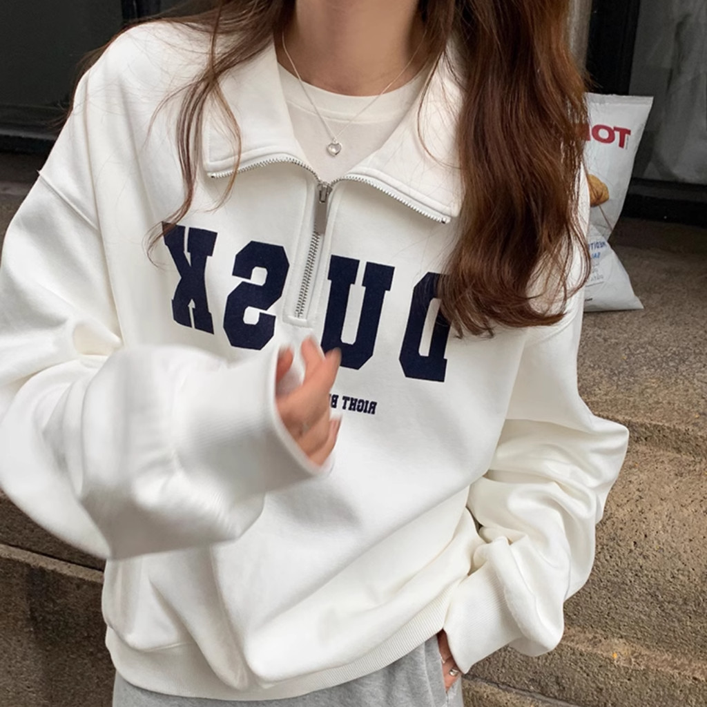 Solovely M-2XL Gaya Korea Lengan Panjang Sweater Letter Printed Longgar Polo Sweatshirt Wanita
