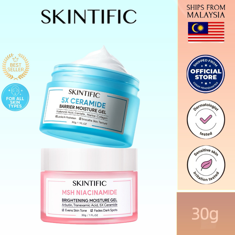 100% AuthenticSKINTIFIC 5X Ceramide Skin Barrier Repair Moisturize Gel Moisturizer Cream Day Night Cream 30g+MSH Niacinamide Brightening Moisture Gel Glowing Moisturizer Fades Dark Spot Cream 30g