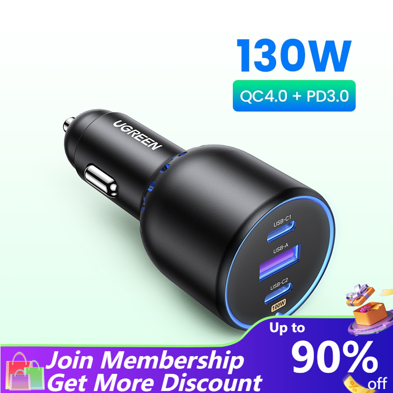 UGREEN PD130W Car Charger Quick Charging PD3.0 Fast USB Type C Car Phone Charge For iPhone 15 14 13 Laptops Tabet