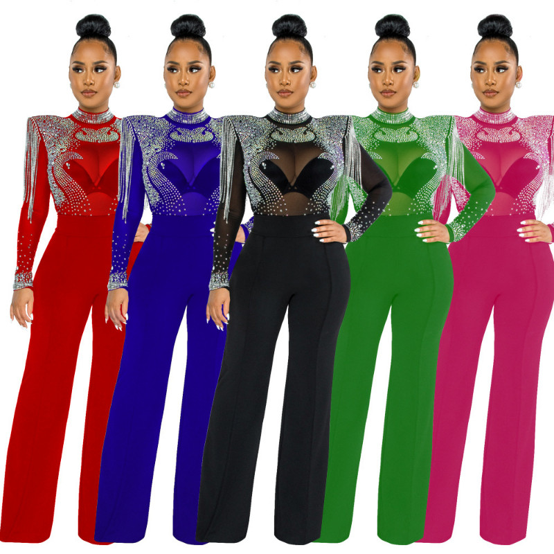 European and American Fashion Women's Wear Jumpsuit Sexy Casual Slim Fit Turtleneck See-through Rhinestone Tassel Jumpsuit