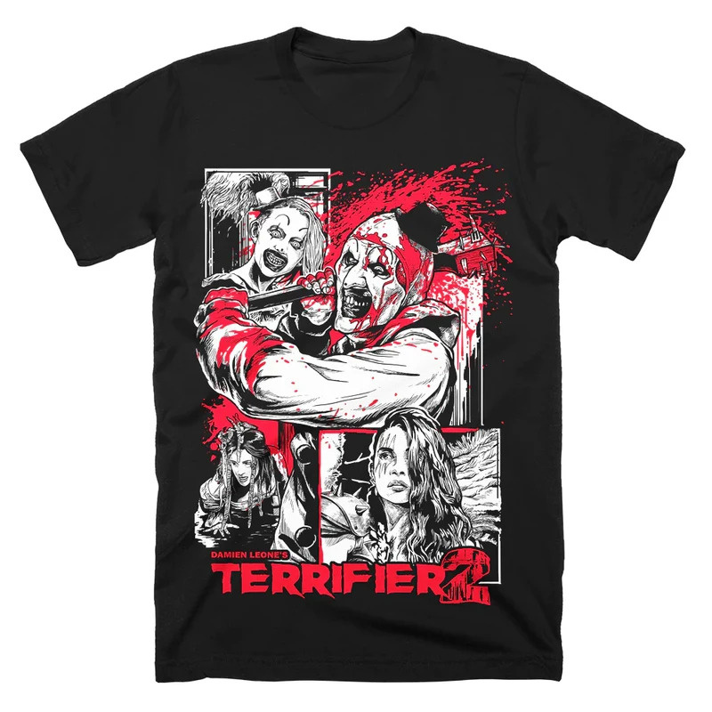 S-5XL Ready stock Terrifier T-shirt Horror Movie Halloween Merch Black Tee Women Men Crewneck Short Sleeve Streetwear 3D Clothes