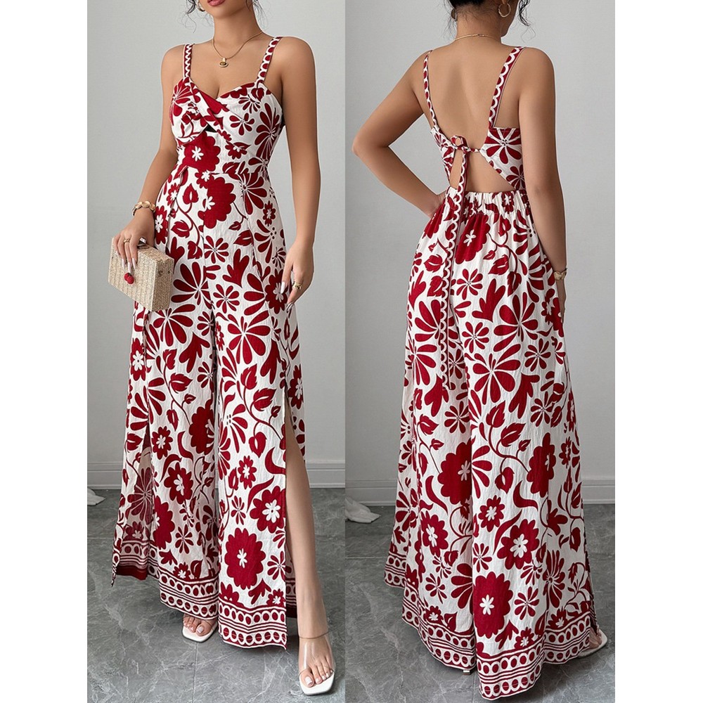 Elegant Twist Front Floral Print Back-Tie Detail Jumpsuit - Spaghetti Strap V Neck Backless Wide Leg Romper Pants with High Slit