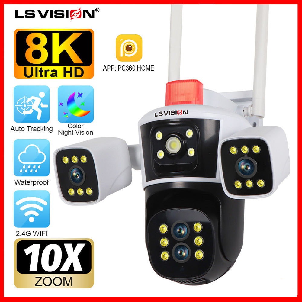 LS VISION 8K 16MP Three Lens WIFI CCTV Camera Three-way Video 10X Optical Zoom PTZ Humanoid Tracking Home Security Camera Outdoor Waterproof Full Color Night Vision IP Cameras