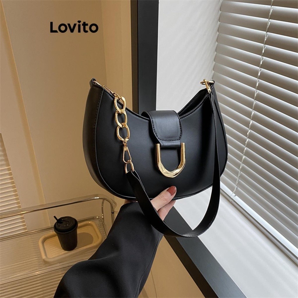 Lovito Elegant Plain Chain Zipper Crescent Package Sense Of Luxury Versatile Small shoulder bag for Women LFA08607 (Brown/Hot Pink/White/Black) Lovito Paket Bulan Sabit Ritsleting Rantai Polos Elegan Tas Bahu Kecil Serbaguna Rasa Mewah untuk Wanita