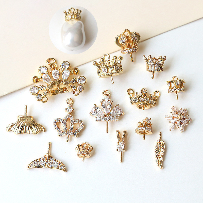 Real Gold Plating A Piao Copper Crown Mermaid Tail Small Wings with Needle diy Jewelry Earrings Pearl Decoration Accessories