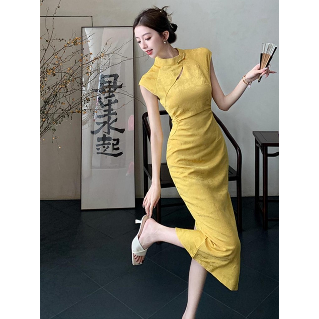 New style style style national style jacquard sleeveless i New Chinese style jacquard sleeveless Improved Cheongsam Dress Classy Celebrity Slim-fit Hip-packed Dress Skirt 9.3