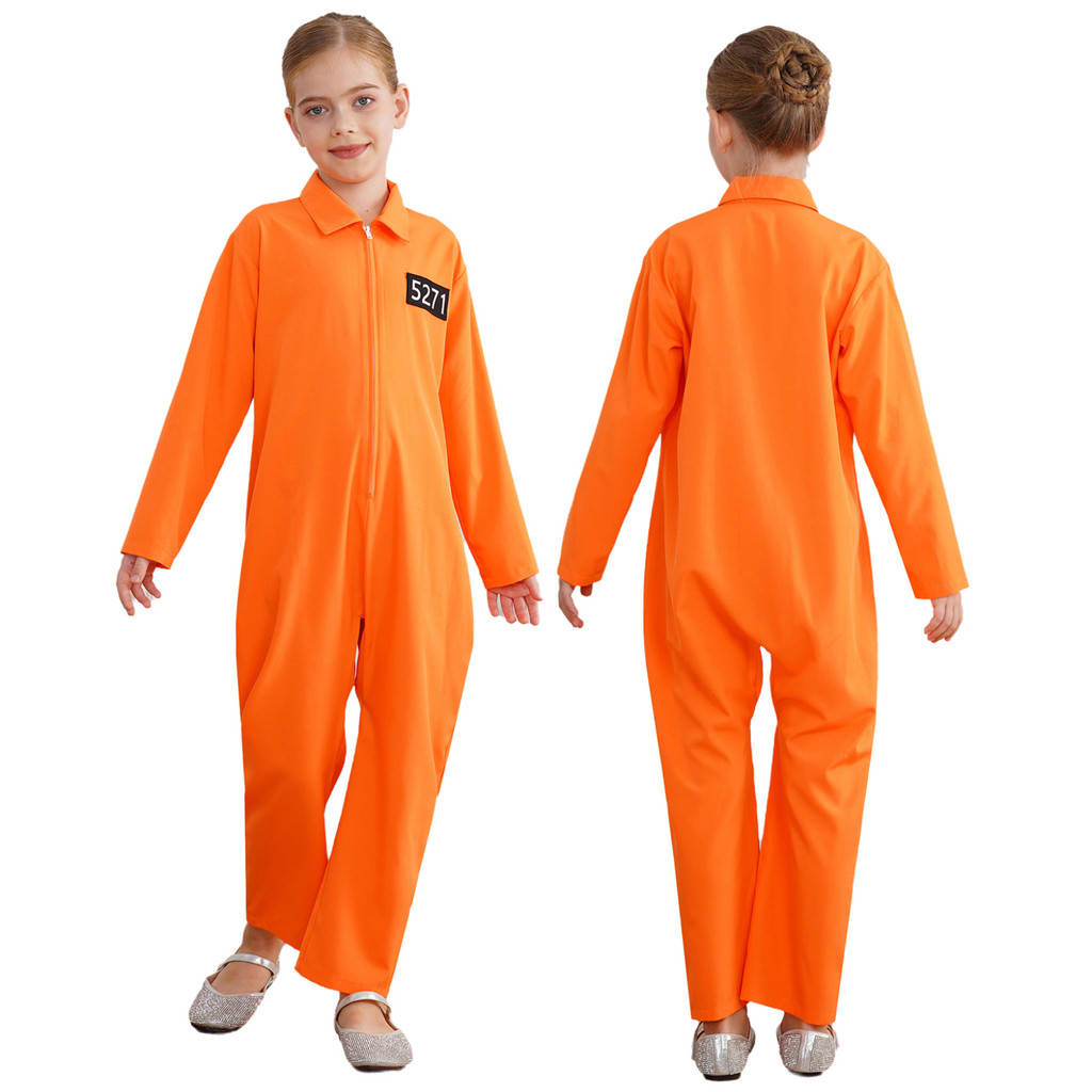 km Kids Prisoner Costume One Piece Long Sleeve Jumpsuit Jailbird Inmate Prison Uniform for Themed Party Cosplay