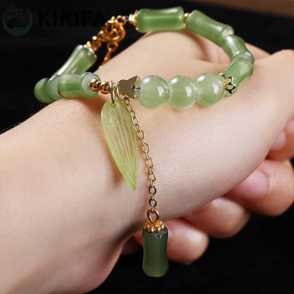 KIKIFA Green Bamboo Bracelet, Bamboo Shape Leaf Imitation Jade Bracelet, Jewelry Classic Chic Fashion Leaf Pendant Bracelet Tourist Memorial