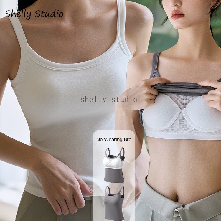 Cotton U-neck Beautiful Back Sleeveless Versatile Vest with Bra Inside and Outside