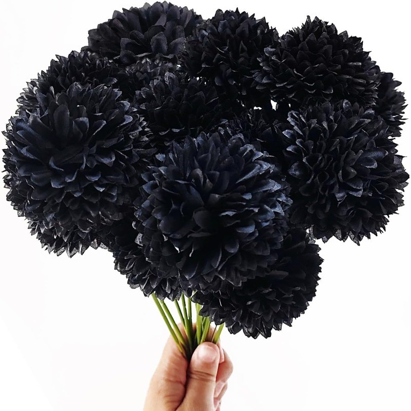 Halloween Black Artificial Fake Flower Plants Silk Chrysanthemum Ball Hydrangea Arrangements Wedding Bouquets Decor Home Kitchen Garden Party Table Floral Centerpieces DIY (Black)