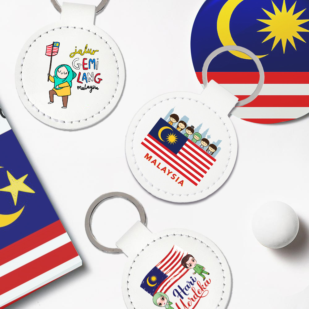 Malaysian Cartoon Characters Printed PU Leather Key Chain Bag Pendant Key Ring Malaysia Independence Day Souvenirs