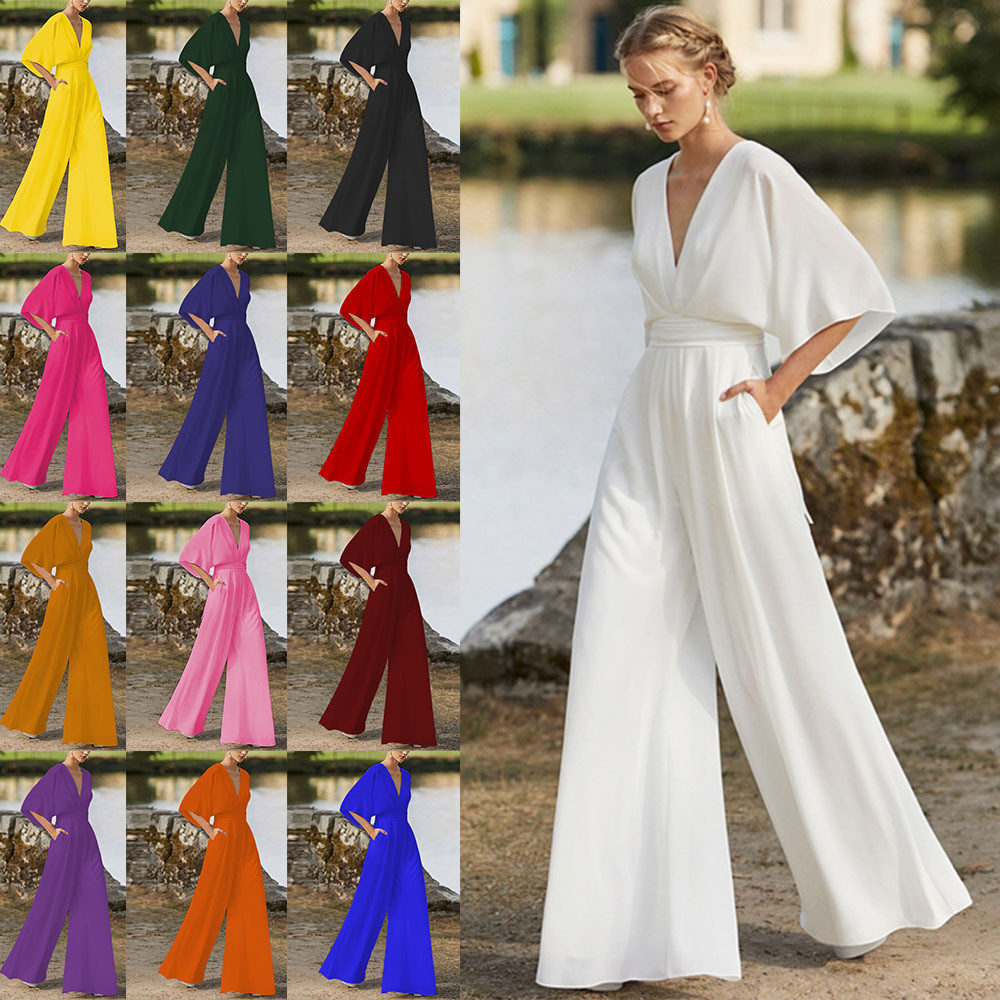 European and American New Dress Jumpsuit2024Winter Women's Clothing DeepVHigh Waist Wide Leg Jumpsuit