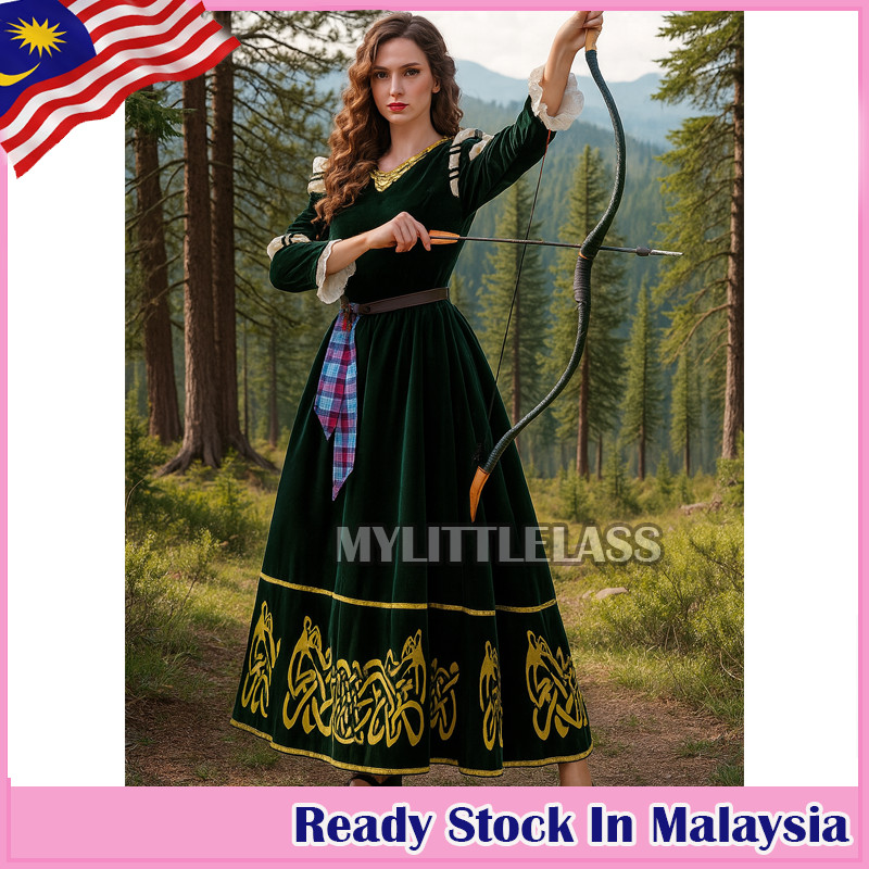 MYLITTLELASS Kostum Wanita Dewasa Gaya Renaissance Vintage Kostum Cosplay Puteri Berani Merida Lengan Panjang Gothic