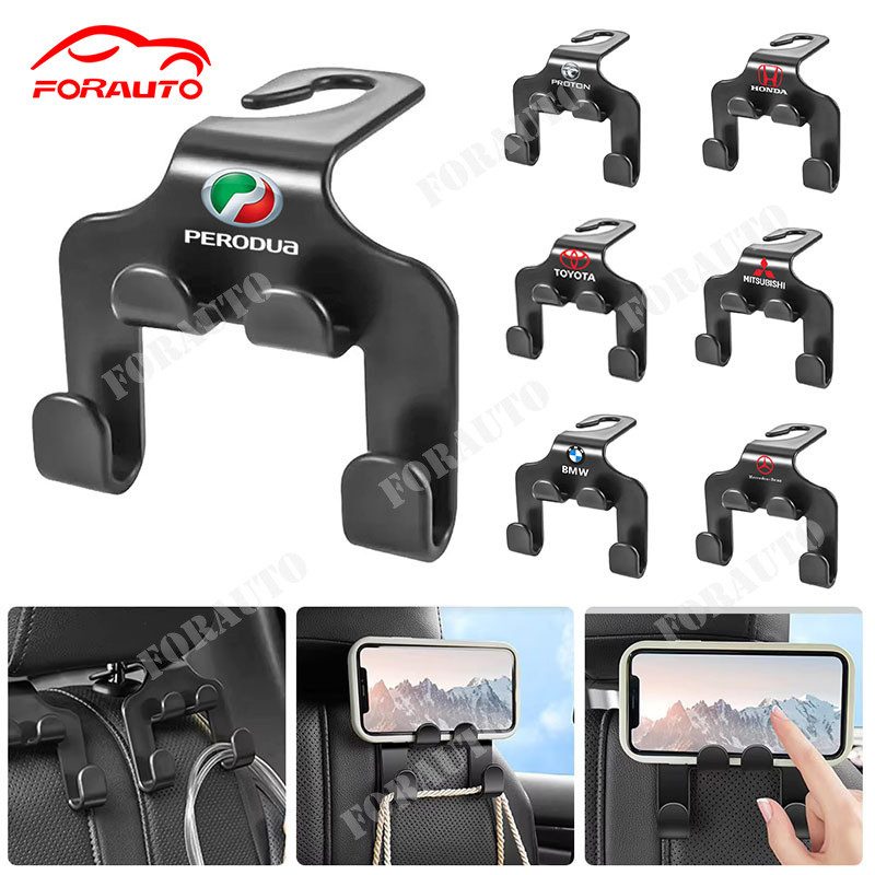 2 in 1 Car Seat Double Hook, Car Rear Seat Storage Hook,Car Hanging Storage Organizer for Handbag Purse Coat , Headrest Hanger, Mobile Phone Holder for Perodua Proton BMW Benz Honda Toyota Mitsubishi Nissan ISUZU Mazda Ford