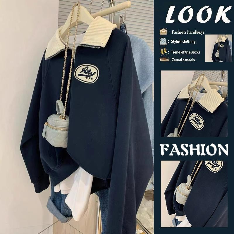 Solovely Sweatshirt Sulaman Lengan Panjang Setengah Zip Sweatshirt Longgar Sweaters Wanita