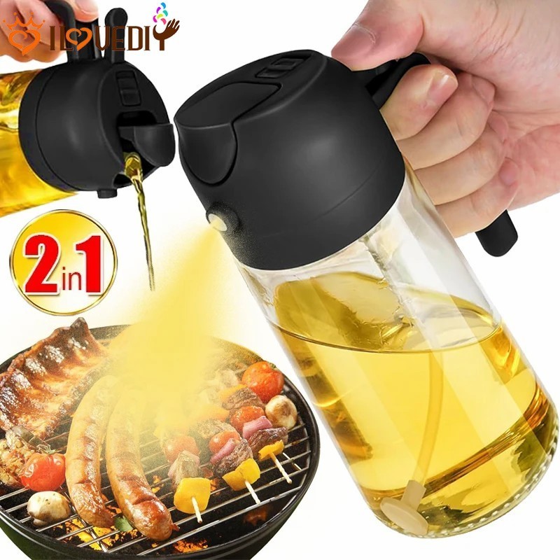 2 in 1 Glass Oil Sprayer & Dispenser - Olive Oil Storage Bottle - For Canola Oil Sprayer, Fryer, BBQ, Oil sprayer - Glass Olive Oil Sprayer - Oil Spray Bottle - Kitchen Gadgets