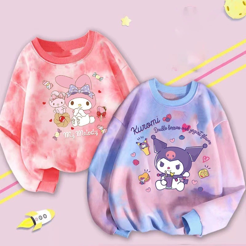 Kuromi Melody Girls Hoodie Kids Girl Casual Top Baby Girl Tie Dye Cute Cartoon Long Sleeved T-shirt