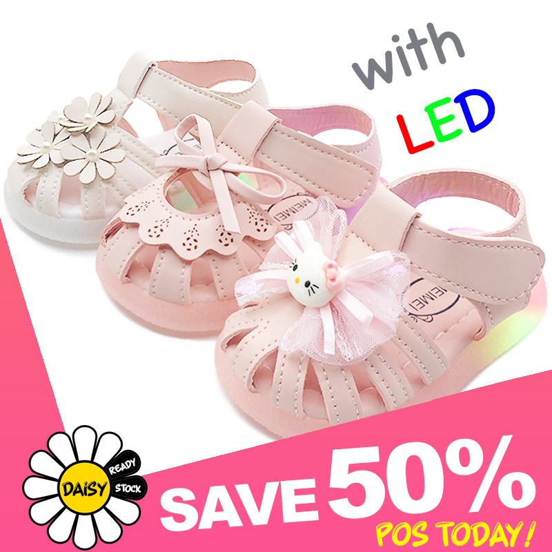 「Size 15-26」Baby & Girls LED Sandals | Kids Sport Shoes | Light Ribbon Flower | Slippers | Kasut Lampu Bayi Budak