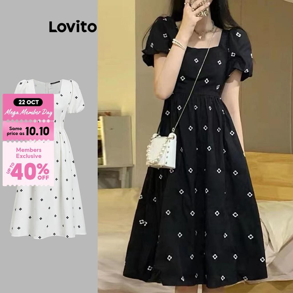 Lovito Casual Floral Puff Sleeves Squared Neck Dress for Women LNE05105 (Multi-color) Lovito Gaun Kasual Bunga Leher Persegi Lengan Puff untuk Wanita