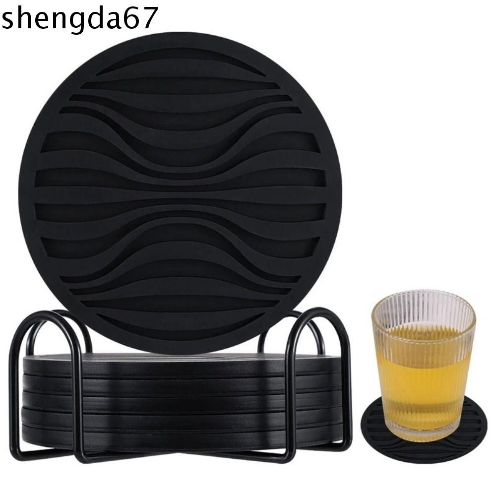 SHENGDA Silicone Coasters Set, Heat Resistant Thickened Cup Holder, Dishwasher Safe Tabletop Protection Wave Groove Design Non-Stick Coffee Mug Pad Tableware