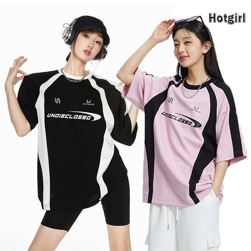 【READY STOCK AT  Johor】 Hotgirl⭐American Retro Sports T-Shirt Short Sleeve Loose Round Neck Stitching Top