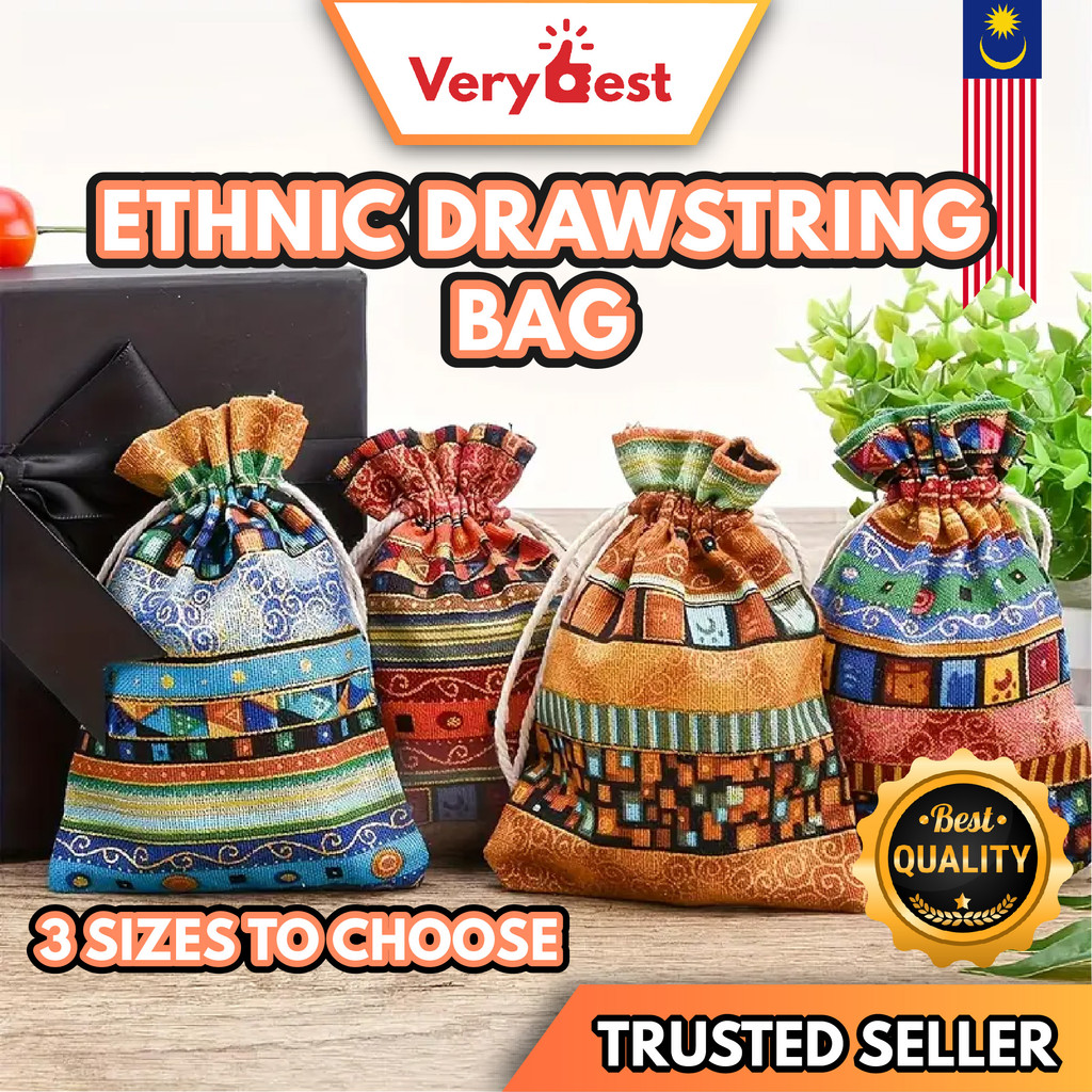 Ethnic Linen Drawstring Bag Art Style Pouch Bag Jute Bag Jewellery Bag Gift Bag Burlap Bag Beg Guni Uncang Emas Hadiah