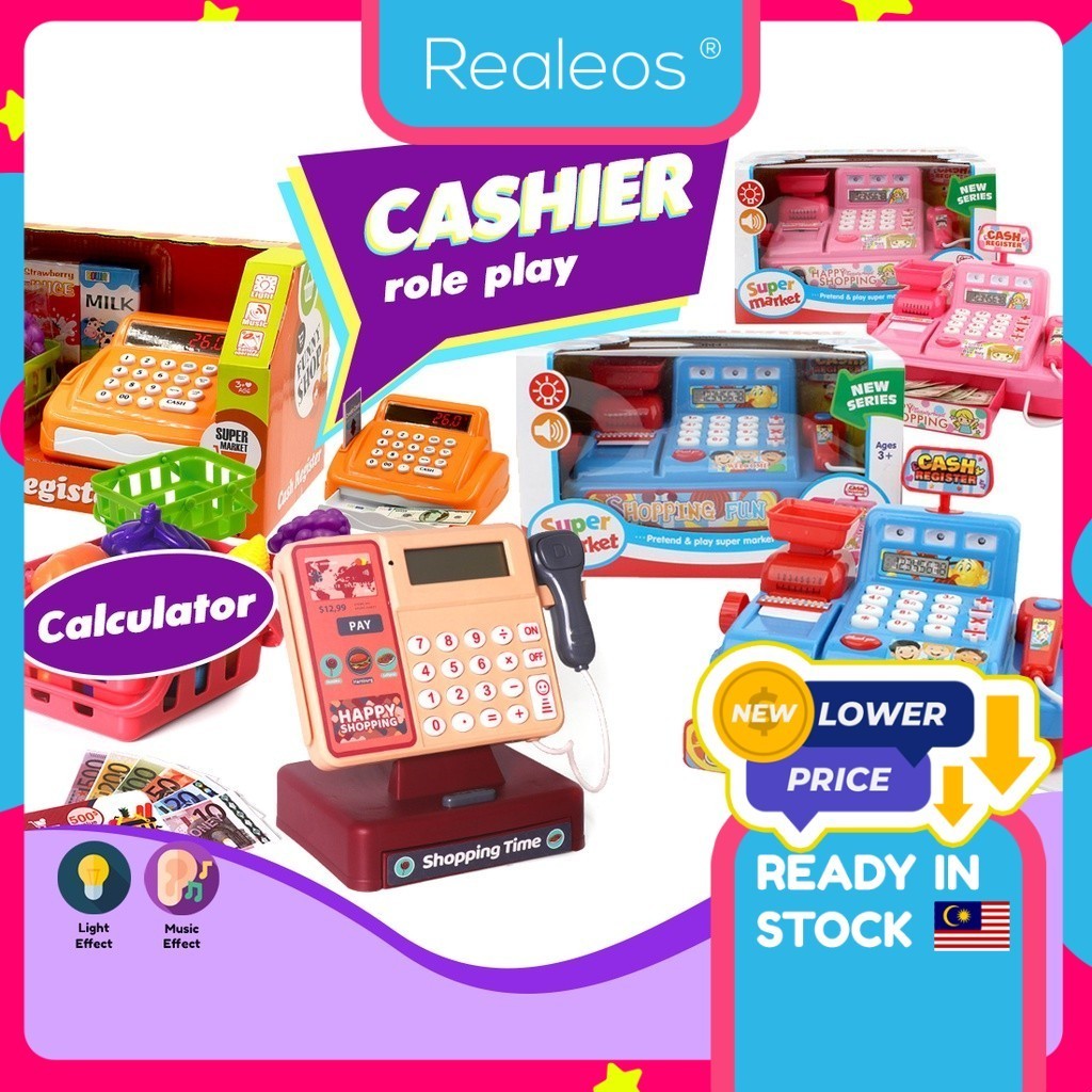 Realeos Calculator Cash Register Kids Toy Cashier Set Pretend Play Supermarket Money Meat Fruit Vegetable Shopping Toys