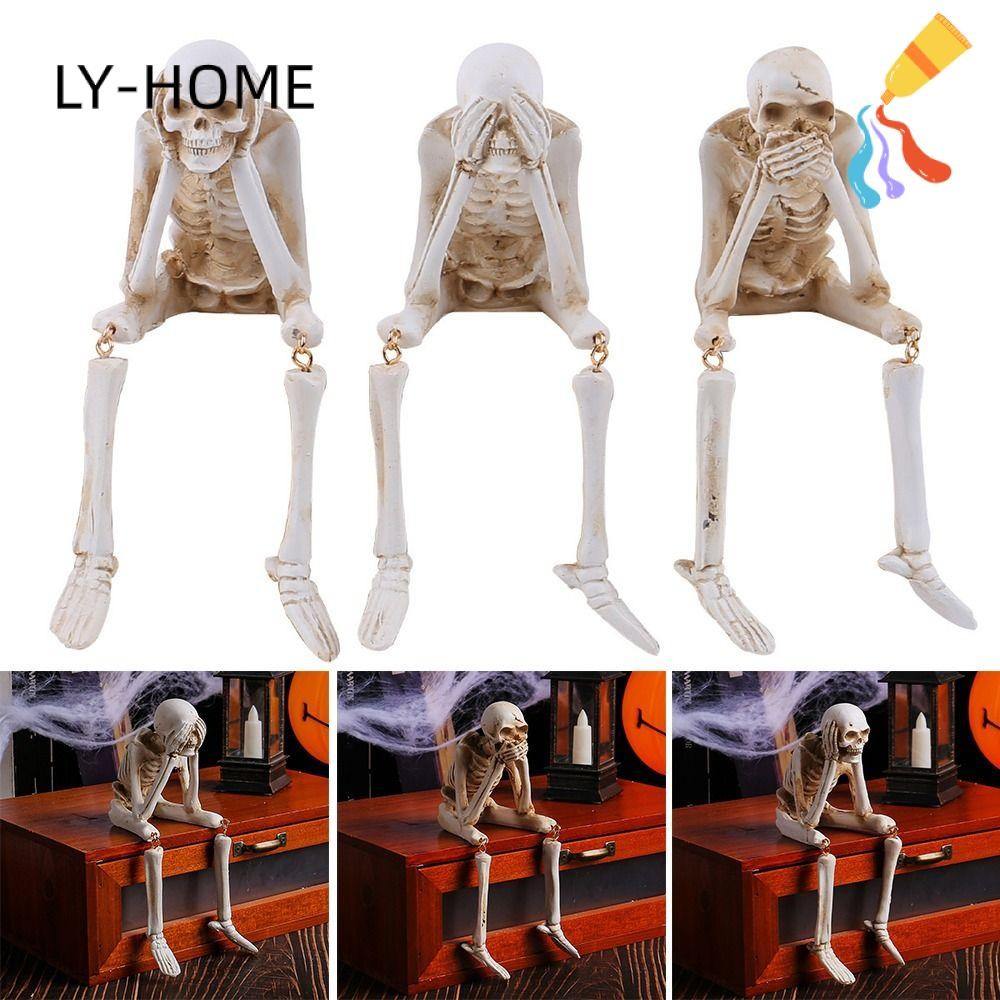 LY-HOME Halloween Human Skeleton, White Resin Hanging Leg Skeleton, Creative Don't Look Don't Listen Don't Say Haunted House Decoration Toys Bone Model Halloween