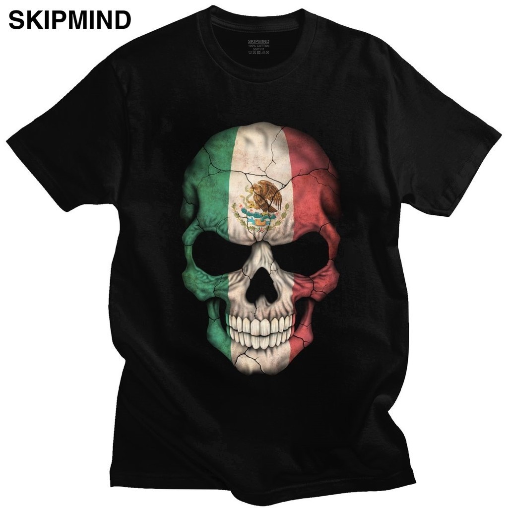 Mexican Flag Skull T Shirts Men Pre-shrunk Cotton Inspired Mexico Pride Tee Tops Round Collar Short Sleeve Printed Tshirt Merch