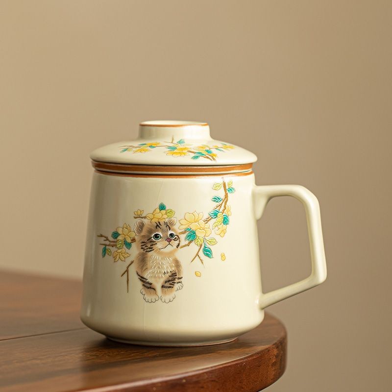 Cute Cat Ru Kiln Tea Cup Ceramic Office Cup Mug Liner Teacher's Day Gift Conference Gift Souvenir萌猫汝窑茶杯陶瓷办公杯马克杯内胆教师节礼物会议礼品伴手礼9.14