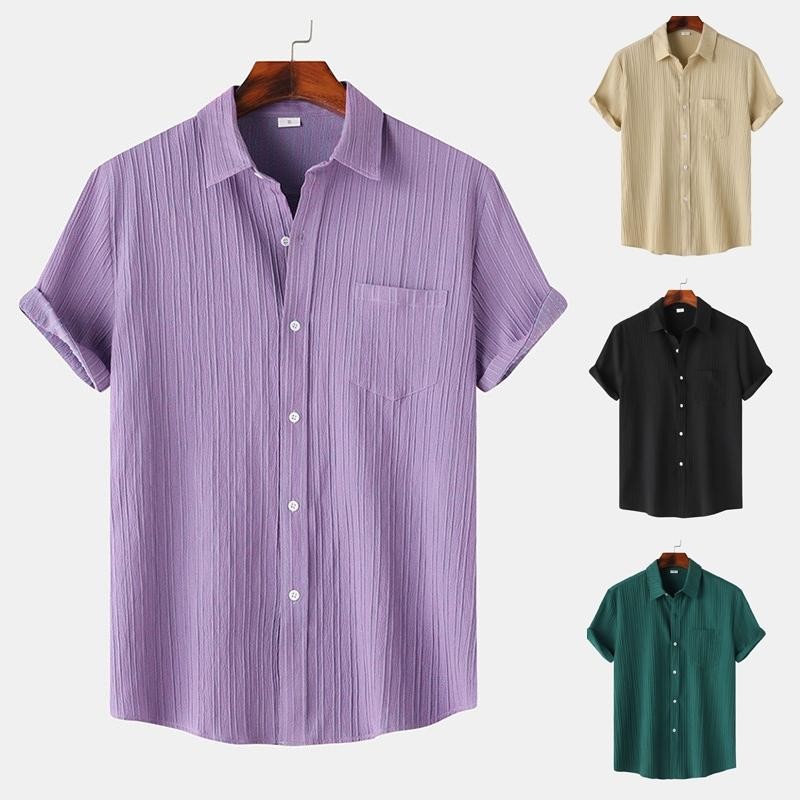 Men's Quality Purple Aesthetic Fitted Casual Loose Collar Shirts For Men Shorts Sleeve Work Formal Polo Shirt Men with Pocket Red Green Blue Khaki Black White Polo