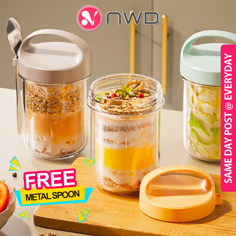 《 》Glass Sealed Oatmeal Cup Portable Breakfast Yogurt Salad Diet Food Jar With Lid Spoon Bekas Makanan 早餐杯
