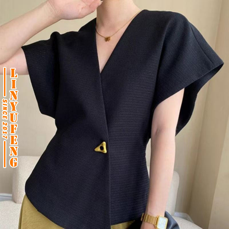 ?Linyufeng? Irregular Blouse Women Slim Waist Korean Style V Neck Short Sleeve Loose Classy Elegant Ironless Casual Ladies Shirt Top Black Baju ootd Kemeja Tanpa Lengan Perempuan Wanita Terkini Murah 