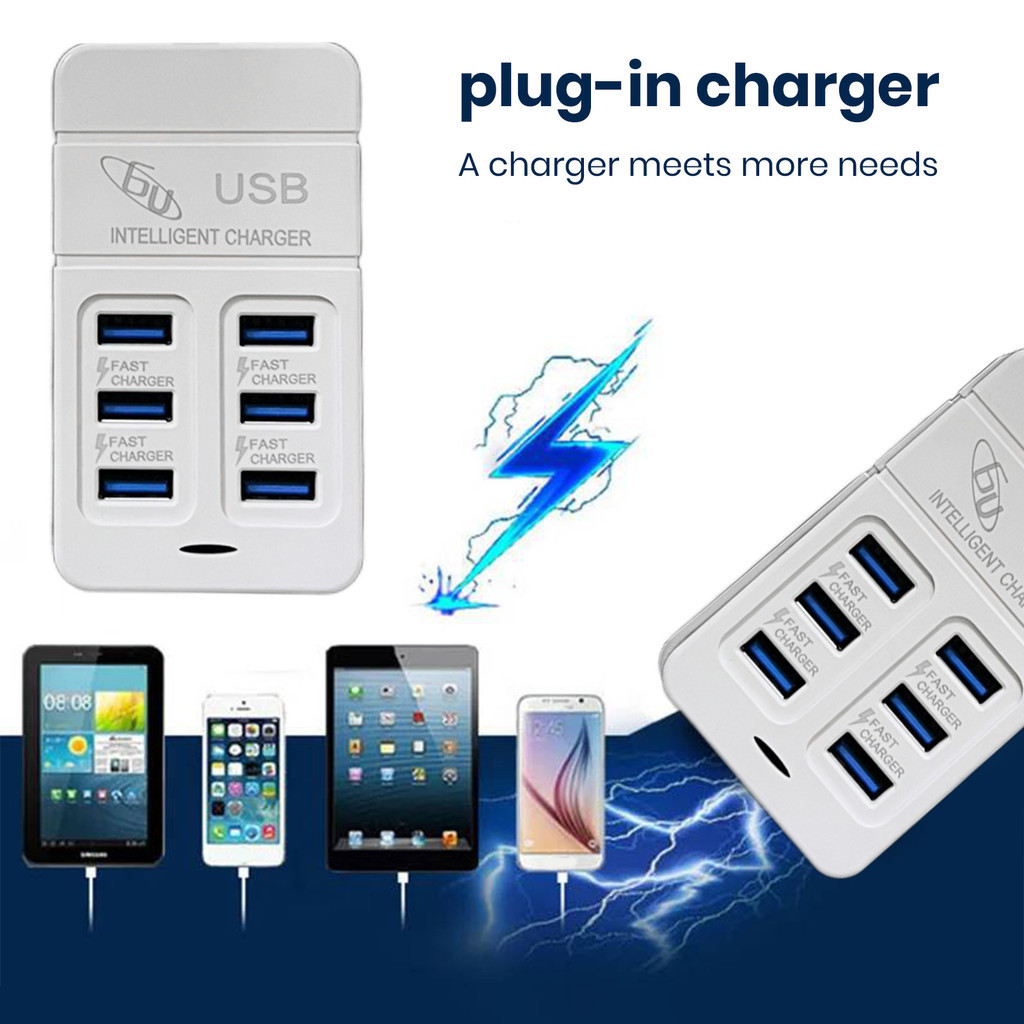 RC-USB C Charger Station 50W 6 Ports 3 PD 3 USB or 6 USB Desktop Socket Eco-Friendly Plastic Fast Charging Compact USB Strip for IPhone Tablet Watch Headphones