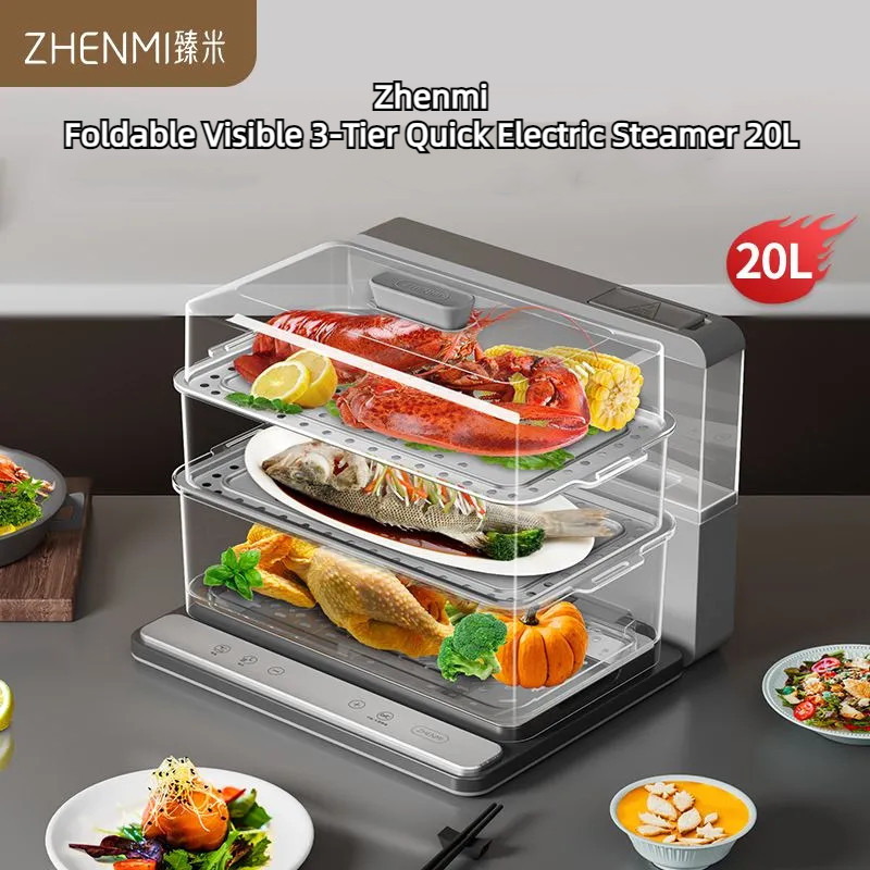 Zhenmi Foldable Visible Electric Steamer 20L Three-Layer Quick Cooking Multi-Layer Steamer Steam Pot Appointment Timing Large-Capacity Breakfast Machine Electric Cook