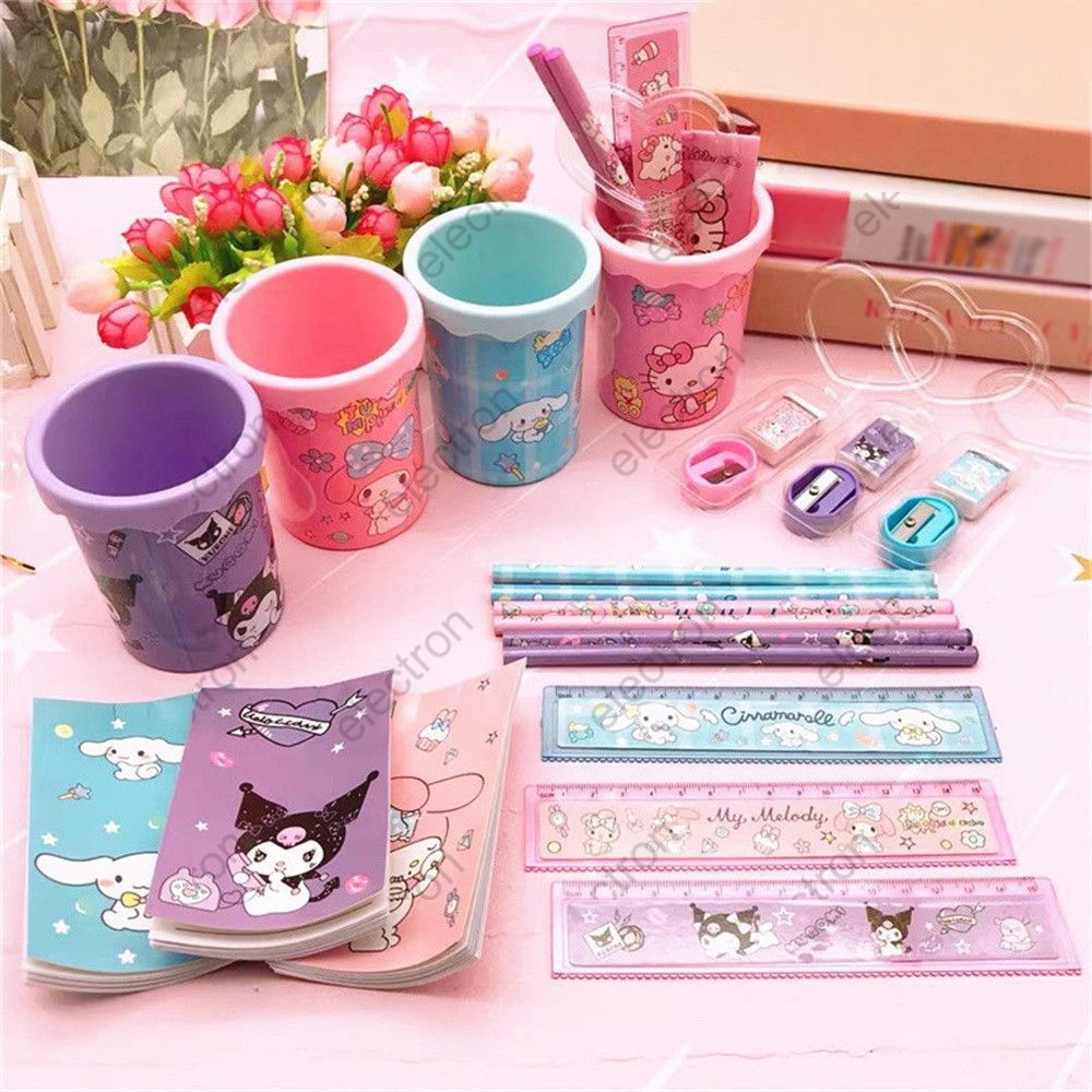 7pcs/set Sanrio Stationery Set,pen Holder Pencil Ruler Earser Sharpener Pencil Case Stationery Set,cartoon Cinnamoroll Kuromi Melody Pen Holder Election