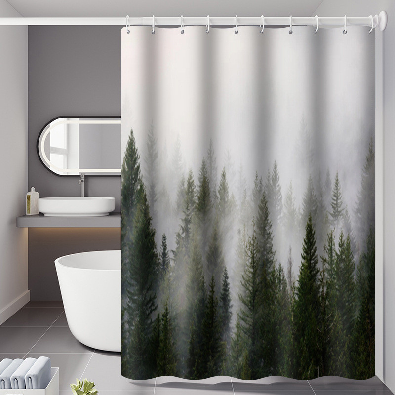 European-style Ins Wind Shower Curtain Fog Forest Far Mountains Thickened Polyester Digital Print Decorative Curtain