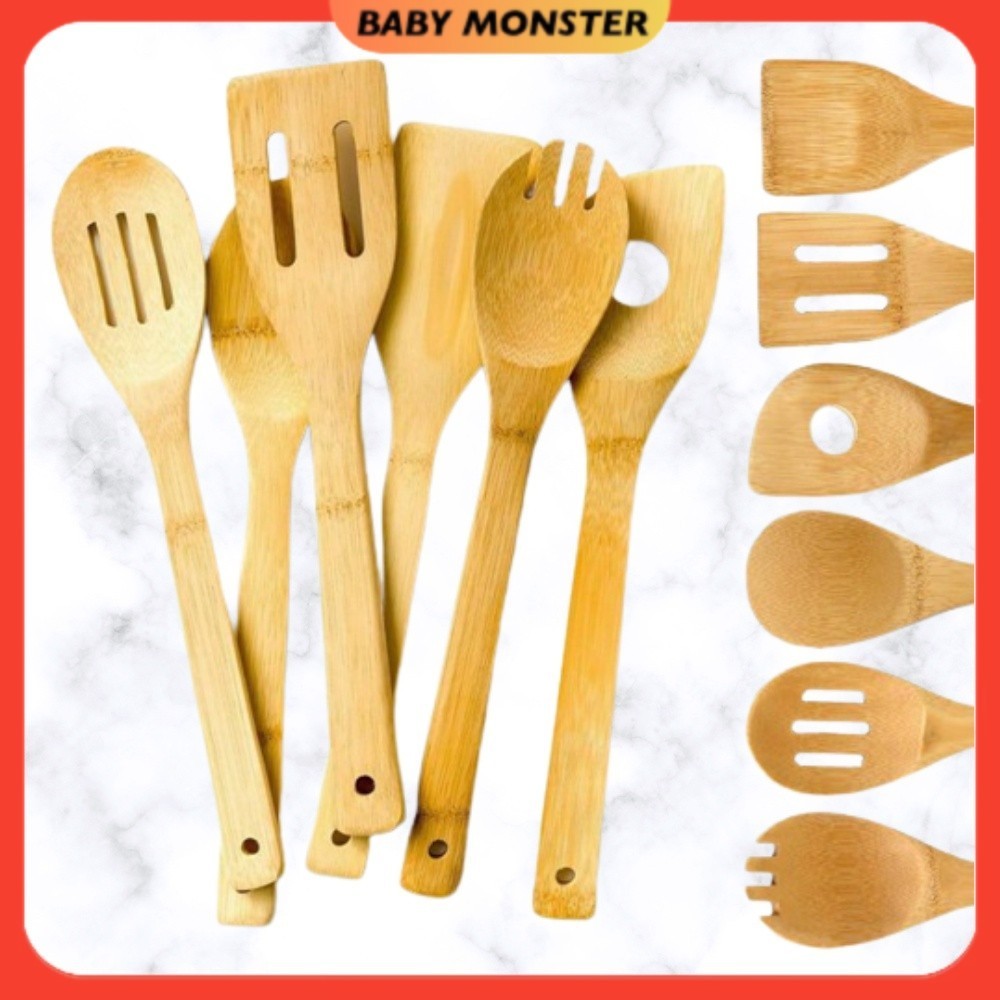 HARGA BORONG 6pcs Bamboo Kitchen Utensil Set Wooden Cooking Tool Spoon Spatula Mixing Set Cooking Set Kitchenware