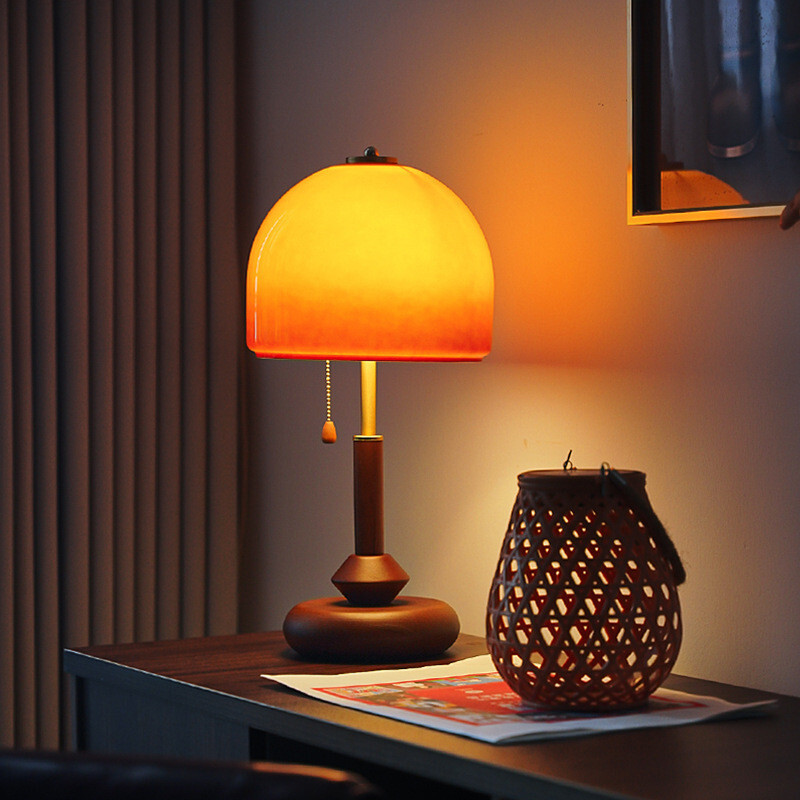 Aesthetic Lamp Shade Bedroom Night Light Orange Bauhaus Table Lamp With Pull Switch Mid Century Retro Glass Shade Mushroom Lamp For Bedroom Living Room Study Hallway