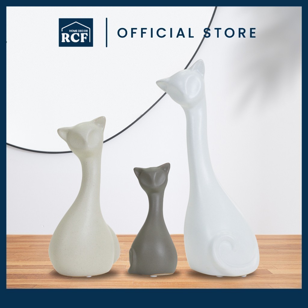 RCF Minimalist Ceramic Cat Figurine Elegant Sculpture Decor for Living Room | Seramik Hiasan Minimalis Elegan