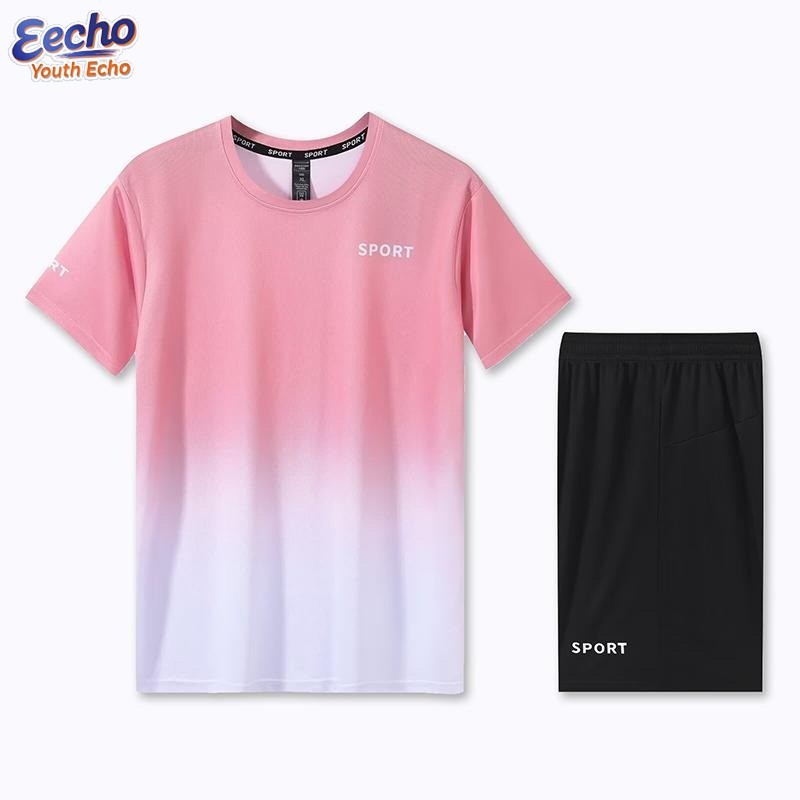 EECHO [4 Colors] M-5XL Summer New Unisex Quick Dry Fashion Gradient Printed Outdoor Sports Set Ice Silk Dri-fit All-match T-shirts & Shorts for Men Women Plus Size