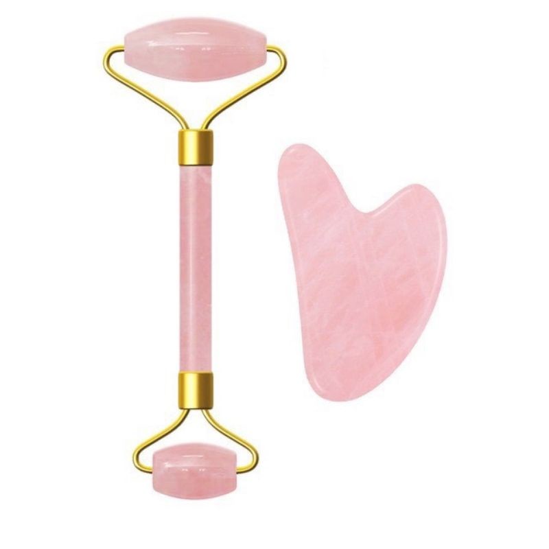 【' 】The Beauty Street Green & Pink Artificial Jade GuaSha Anti Aging Face Roller Set Face Massager