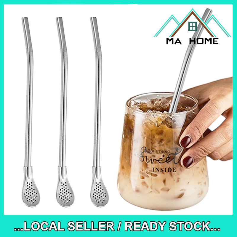 MA Home Sudu Jerami 2in1 Straw and Spoon Stainless Steel Filter Stirrer for Milk Tea Eco-Friendly Silver Design