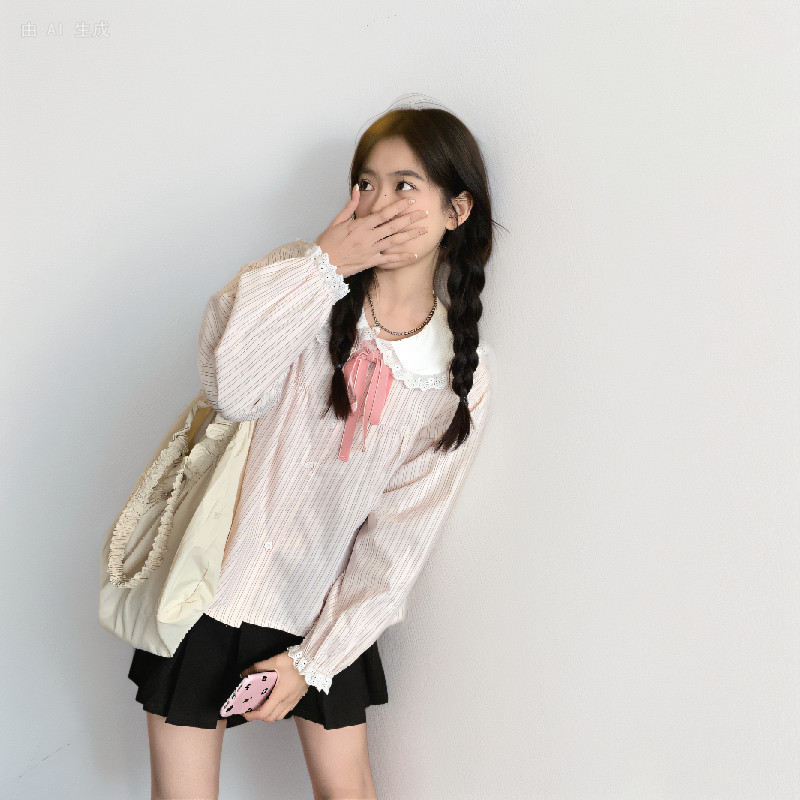 Cute Stripe Blouse Women Korean Style Ladies Loose Long Sleeve Elegant Classy Doll Neck Shirt Top Baju ootd Kemeja Lengan Panjang Perempuan Wanita Terkini Murah Cantik