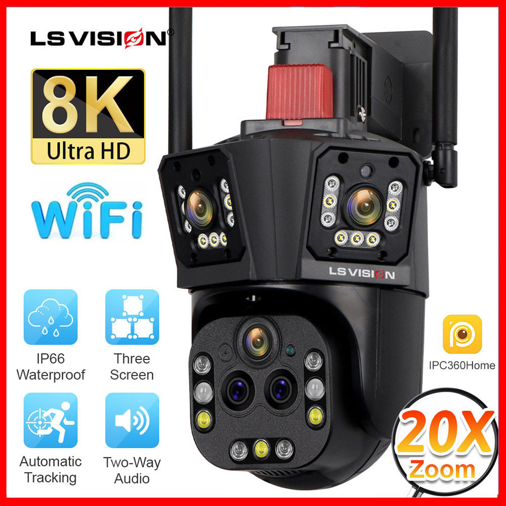 LS VISION 8K 20MP Five Lens WIFI CCTV Camera 20X Hybrid Optical Zoom Linkage PTZ Humanoid Tracking Home Security Camera Outdoor Full Color Night Vision IP Cameras