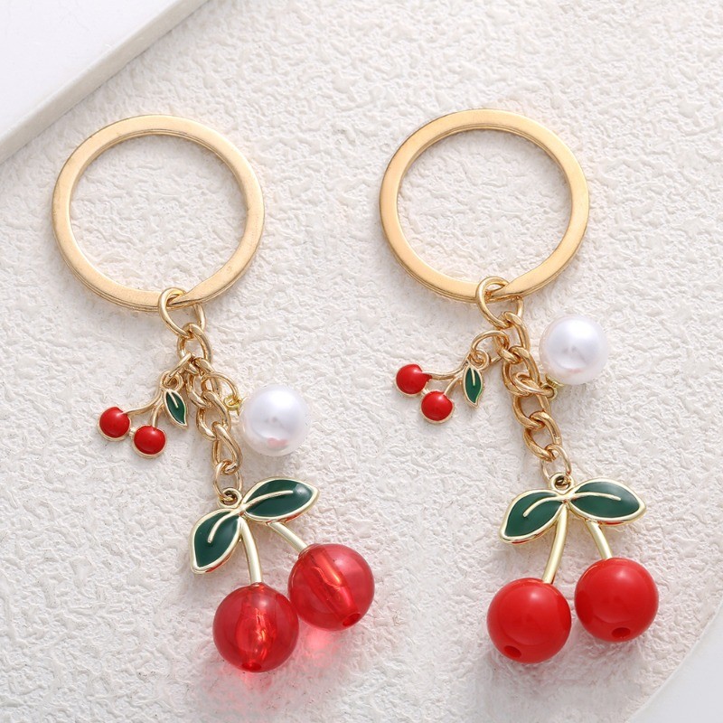 1pcs Funky Red Cherry Keychain Faux Pearl Green Leaf Keyring Women Men Girls Headphone Case Handbag DIY Pendant