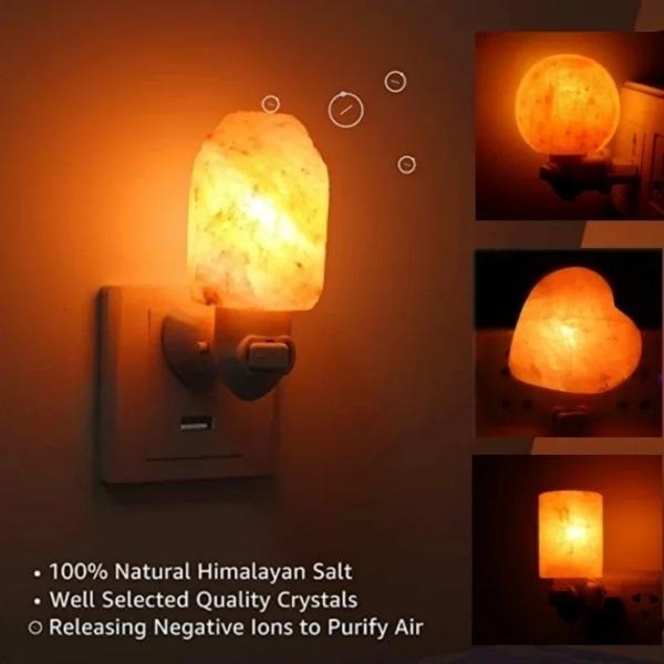 Warm White Salt Lamp Night Light Natural Crystal Hand Carved Air Purifying with Plug Release Negative Ions Bedroom